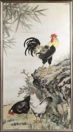 A CHINESE COCKEREL AND CHICKENS PAINTING, 20TH CENTURY