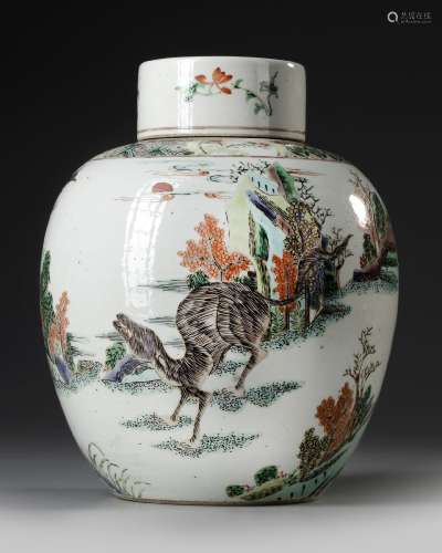 A CHINESE FAMILLE VERTE JAR AND COVER, QING DYNASTY (1644–19...