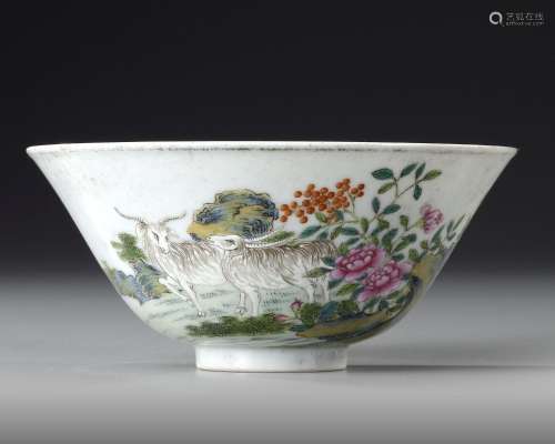 A CHINESE FAMILLE ROSE "THREE RAMS" BOWL, 20TH CEN...