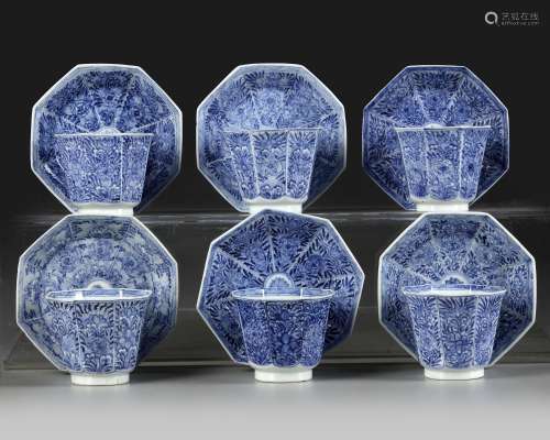 A SET OF SIX BLUE AND WHITE CUPS AND SAUCERS, KANGXI PERIOD ...