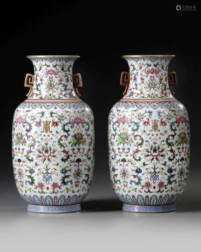 A PAIR OF CHINESE FAMILLE ROSE TWIN-HANDLED VASES, JIAQING M...