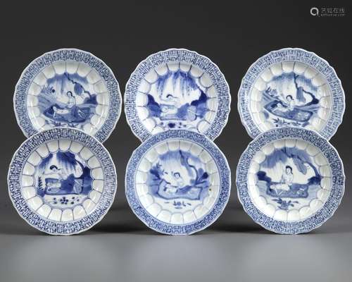 SIX CHINESE BLUE AND WHITE EROTIC DISHES, 17TH CENTURY