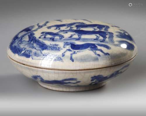 A CHINESE BLUE AND WHITE CRACKLE GLAZED 'HORSES' BOX , QING ...