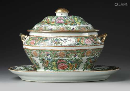 A CANTONESE FAMILLE ROSE TUREEN, COVER AND STAND, 19TH CENTU...