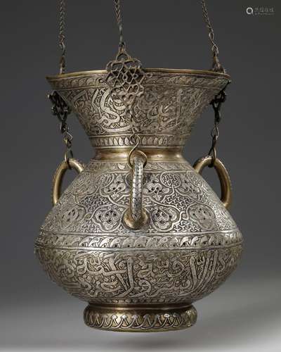 A MAMLUK-STYLE SILVER INLAID BRASS MOSQUE LAMP, SYRIA OR EGY...