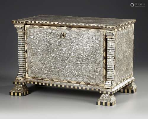 AN OTTOMAN MOTHER-OF-PEARL AND BONE INLAID CHEST, SYRIA EARL...