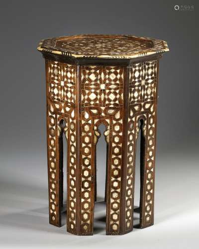 AN OTTOMAN WOOD, BONE AND MOTHER-OF-PEARL INLAID OCTAGONAL T...