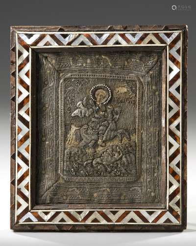 A SILVER EMBROIDERED ICON OF SAINT GEORGE, 19TH CENTURY