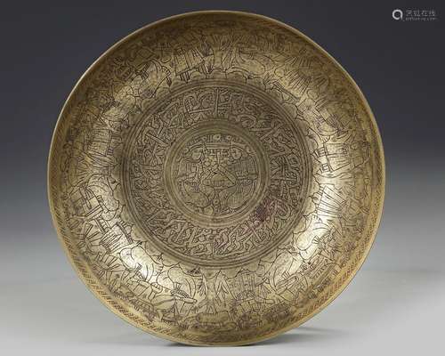 A PERSIAN ENGRAVED FIGURAL BRASS BOWL, PERSIA QAJAR, 19TH CE...