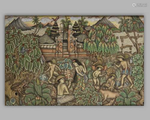 AN UBUD PAINTING DEPICTING FARMLANDS AND A TEMPLE, INDONESIA