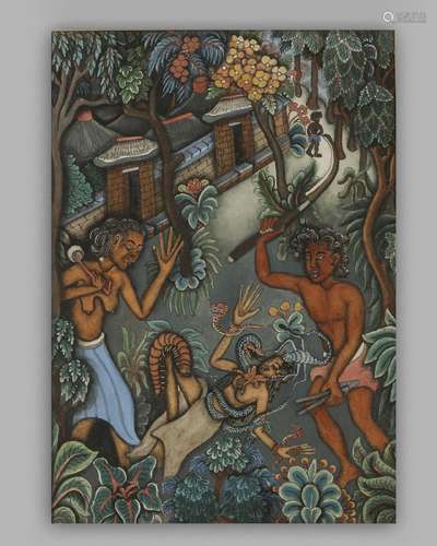 AN UBUD PAINTING DEPICTING VARIOUS FIGURES