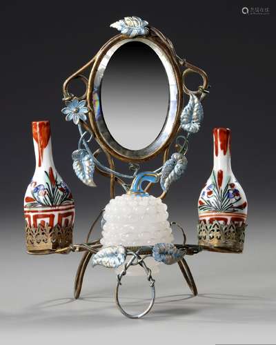 A FRENCH TOILET MIRROR WITH TWO IMARI VASES AND AN OPALINE B...