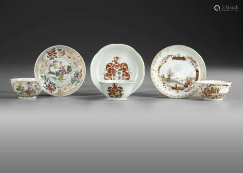 THREE CHINESE FAMILLE ROSE CUPS AND SAUCERS, 18TH CENTURY