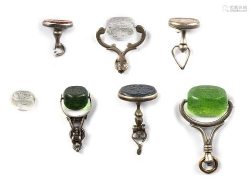 A GROUP OF SILVER MOUNT JADE , AGATE AND ROCK CRYSTAL STAMPS...