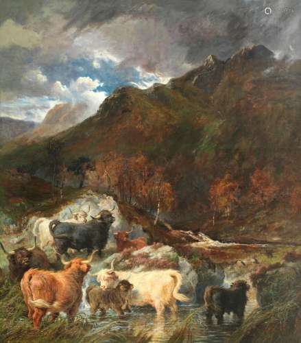 Gourlay Steell RSA (British, 1819-1894) Highland cows by a s...