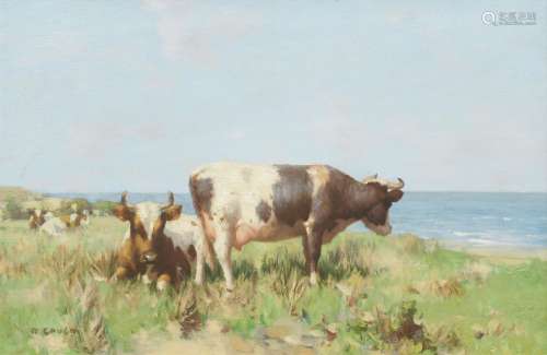 David Gauld RSA (British, 1865-1936) Cattle on a headland