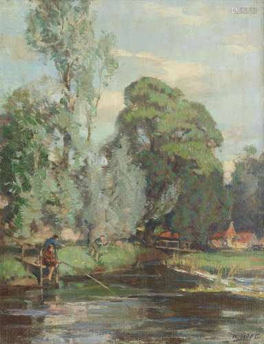 【*】Robert Hope RSA (British, 1869-1936) Fishing by a riversi...