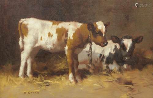 David Gauld RSA (British, 1865-1936) Calves in a stable