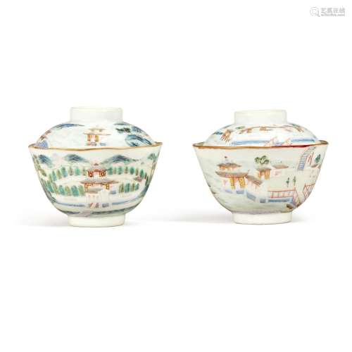 Two famille-rose 'landscape' bowls and covers, Seal marks an...