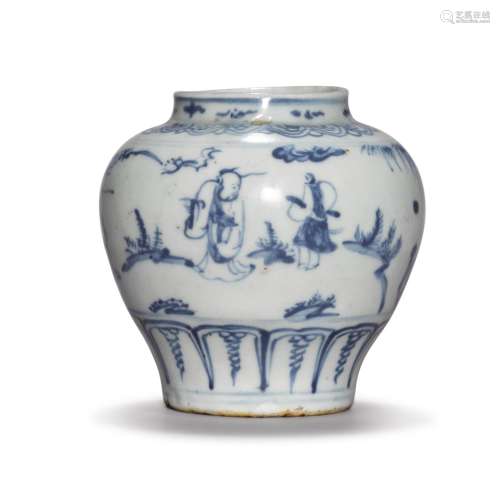 A small blue and white 'figural' jar, Ming dynasty, 15th / 1...