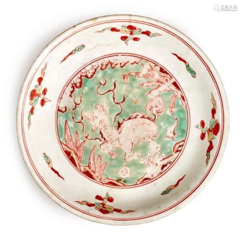 A polychrome enamelled 'qilin' dish, Ming dynasty, 16th / 17...