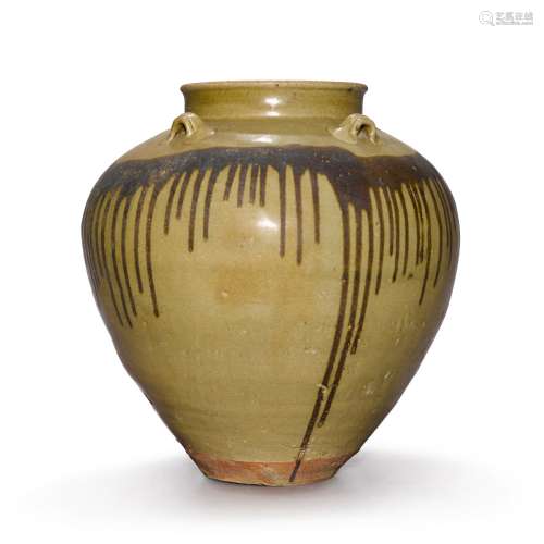 A large brown and celadon-glazed pottery jar, Late Tang dyna...