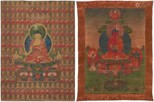 Two thangkas depicting Buddha Shakyamuni and Buddha Amitabha...