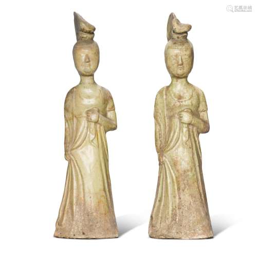 A pair of straw-glazed pottery figures of court ladies, Sui ...