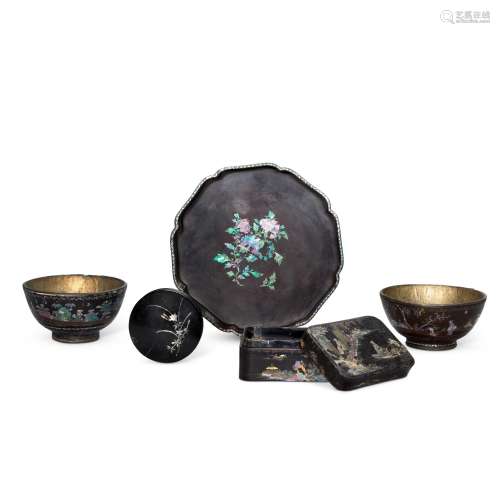 A group of five lac-burgauté wares, Qing dynasty