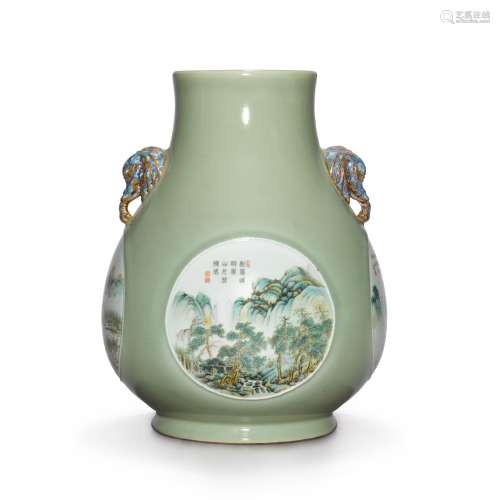 A celadon-ground famille-rose vase, Qing dynasty, 19th centu...