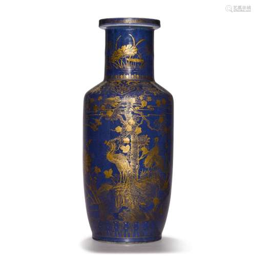 A powder-blue ground and gilt-decorated rouleau vase, Qing d...