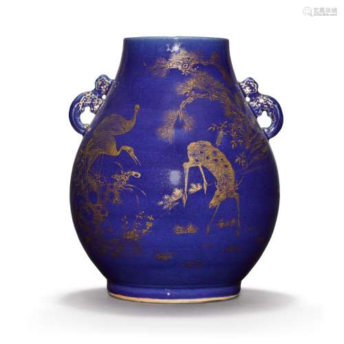 A large blue-ground and gilt-decorated vase, Qing dynasty, G...