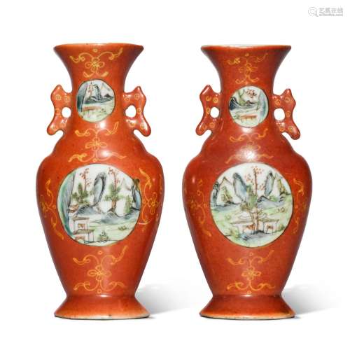 A pair of coral-red-ground and gilt-decorated famille-rose w...