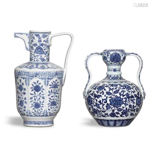 A Ming-style blue and white ewer, and a blue and white doubl...