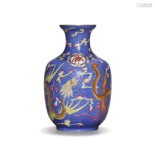 A blue-ground sgraffiato famille-rose 'dragon' vase, 20th ce...