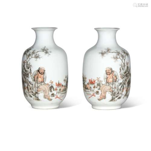A pair of grisaille and iron-red-enamelled vases, 20th centu...