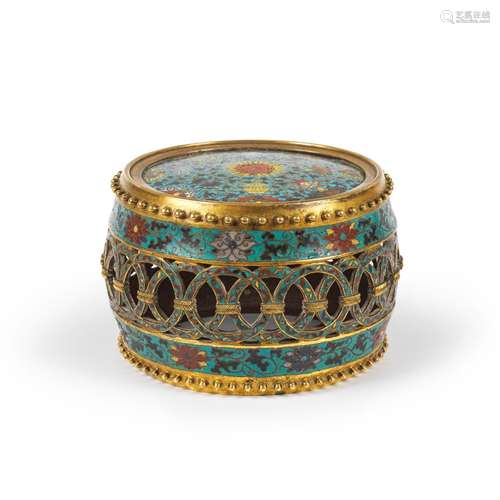 A VERY RARE CLOISONNÉ ENAMEL AND GILT-BRONZE DRUM-SHAPED 'MA...