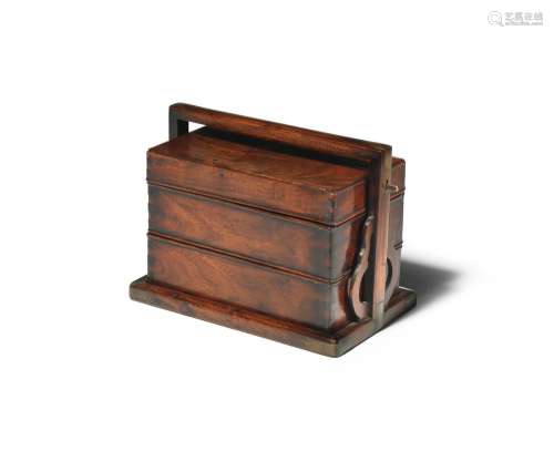 【Y】A RARE MINIATURE HUANGHUALI TWO-TIERED PICNIC BOX, TIHE 1...