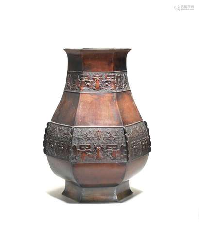 A LARGE ARCHAISTIC BRONZE HEXAGONAL VASE, HU Qing Dynasty