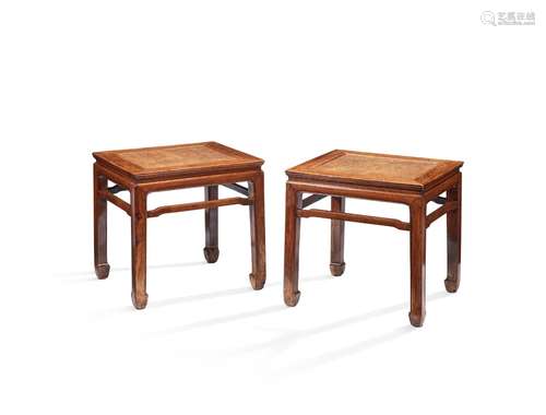 【TP】A RARE PAIR OF HUANGHUALI WAISTED CORNER-LEG STOOLS, FAN...