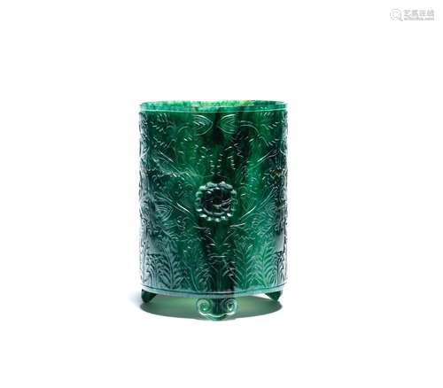 A MUGHAL-STYLE SPINACH-GREEN JADE BRUSHPOT, BITONG Probably ...