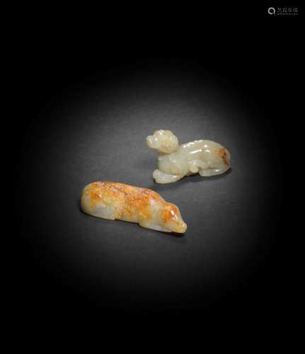 【Y】TWO PALE GREEN AND RUSSET JADE CARVINGS OF HOUNDS (3)