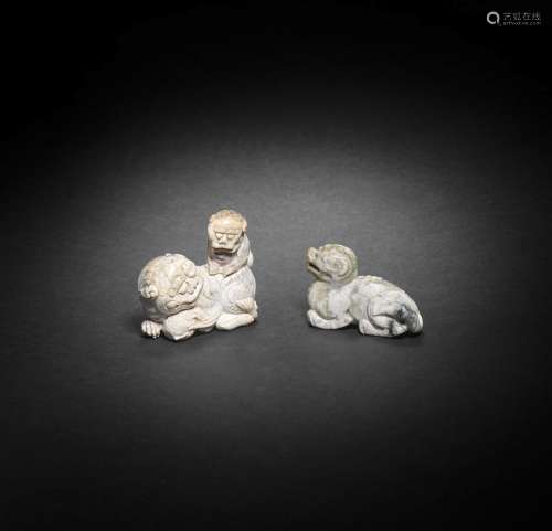 【Y】TWO 'BURNT' JADE CARVINGS OF MYTHICAL ANIMALS Ming Dynast...
