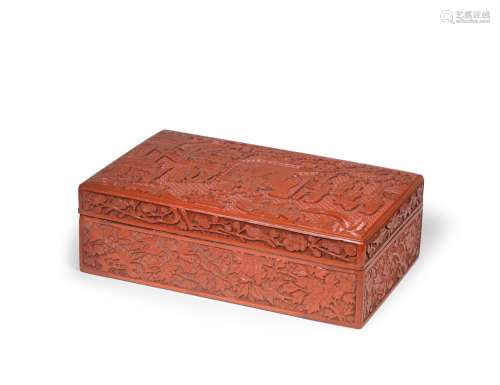 A LARGE CARVED CINNABAR LACQUER RECTANGULAR BOX AND COVER Ji...