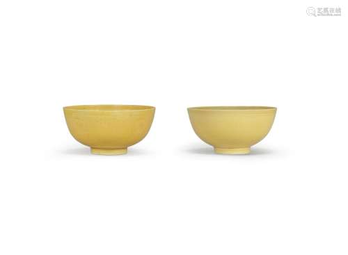 A PAIR OF YELLOW-GLAZED INCISED BOWLS  Daoguang seal marks a...