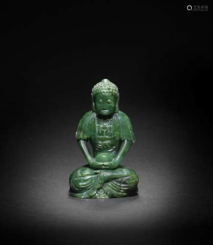 【*】A GREEN JADE FIGURE OF SHAKYAMUNI BUDDHA 19th century