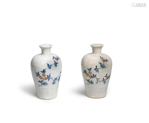 A PAIR OF UNDERGLAZE-BLUE, RUSSET AND CRACKLE-GROUND VASES, ...