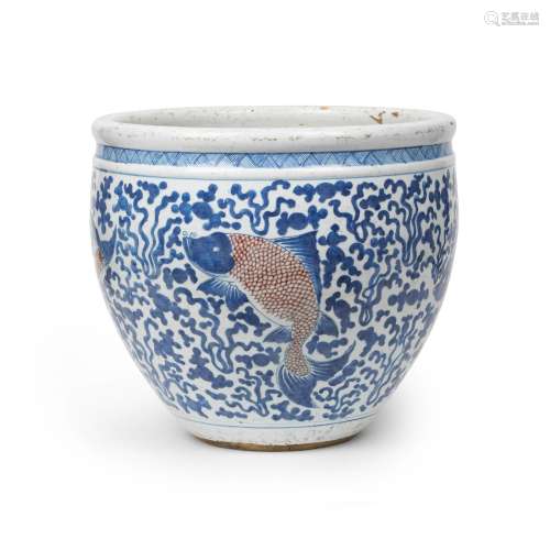 【*】A LARGE BLUE WHITE AND COPPER-RED FISH-BOWL  Kangxi