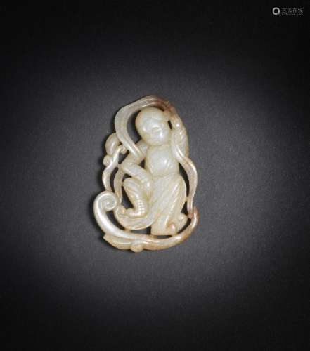 A PALE GREEN AND RUSSET JADE OPENWORK 'DANCER' PLAQUE 14th/1...