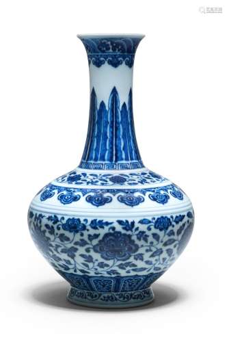 A RARE MING-STYLE BLUE AND WHITE LOTUS-SCROLL BOTTLE VASE  Q...